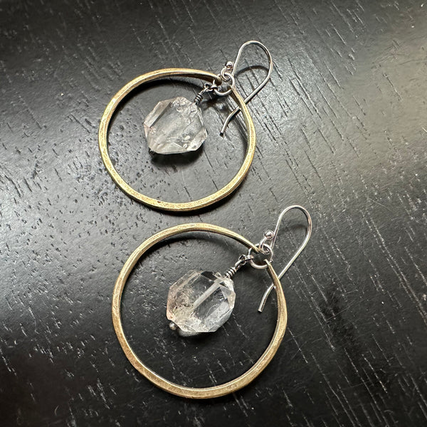 SMALL Brass Hoops with Raw Faceted Herkimer Diamonds