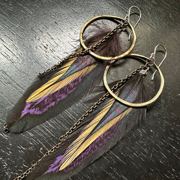 FEATHER EARRINGS- Small Brass Hoops, Fluffy Purple/Black Base, Tan/Black accent feathers and chains