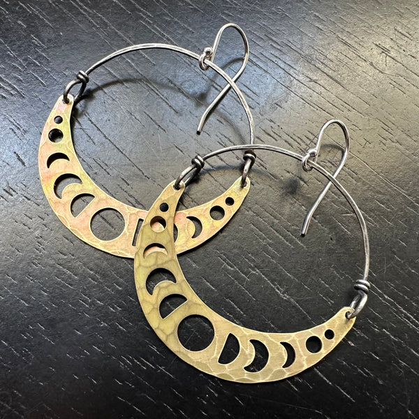 BRASS Moon Phase Crescents, Sterling Silver Wires/Earwires