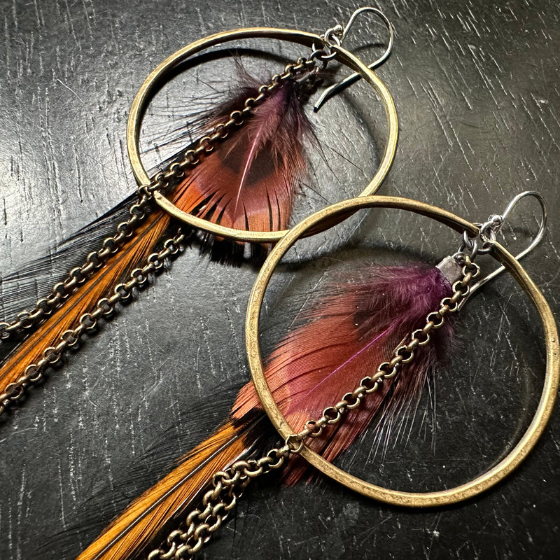 FEATHER EARRINGS- Medium Brass Hoops, Thin Black Base, Rusty Red accent feathers and chains