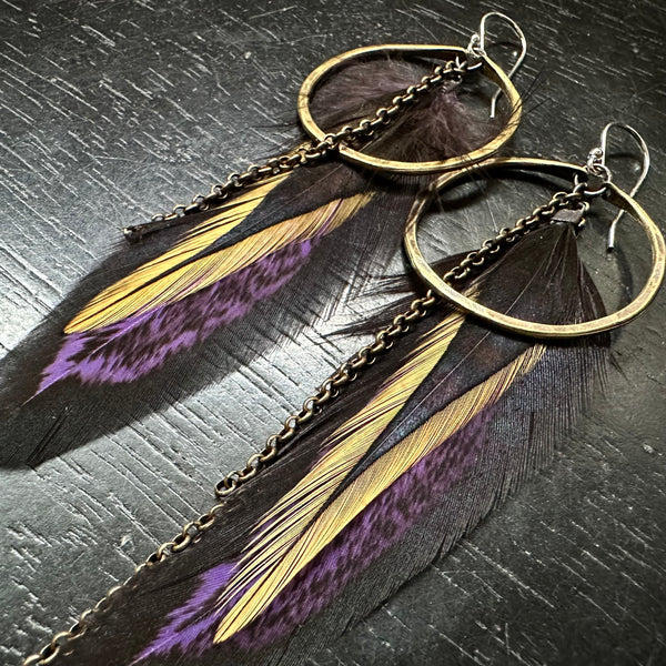 FEATHER EARRINGS- Small Brass Hoops, Fluffy Purple/Black Base, Tan/Black accent feathers and chains