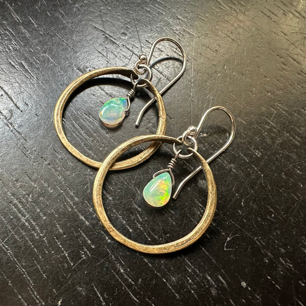 Tiny Brass Hoops with Teardrop OPALS (October Birthstone)