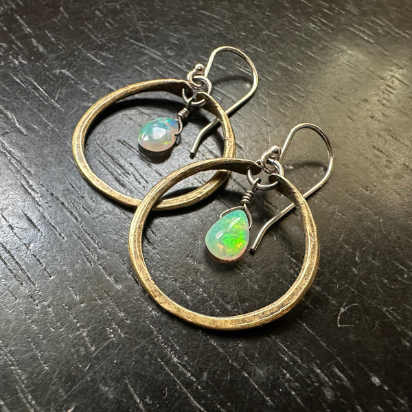 Tiny Brass Hoops with Teardrop OPALS (October Birthstone)