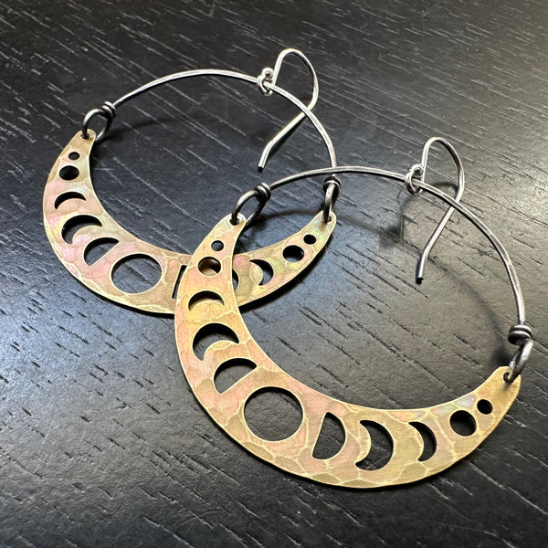 BRASS Moon Phase Crescents, Sterling Silver Wires/Earwires