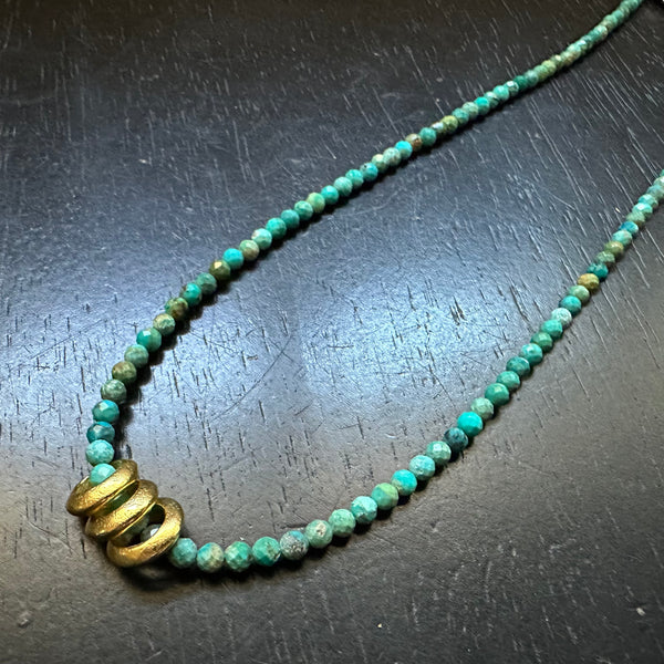Gold Triple Saucer Beads on Turquoise Strand