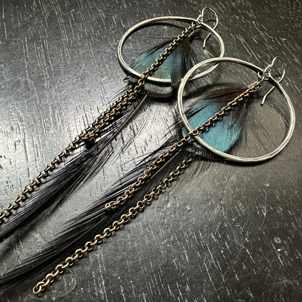 FEATHER EARRINGS- Medium Silver Hoops, Fluffy Black Base, Black/Green Iridescent accent feathers and chains
