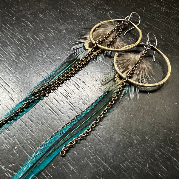 FEATHER EARRINGS- Small Brass Hoops, Teal Base, Fluffy Teal/Brown/Cream accent feathers and chains