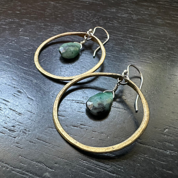 Small Brass Hoops with Emerald