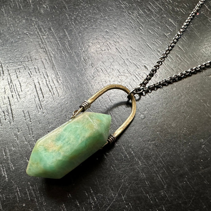 AMAZONITE (DOUBLE-POINT, FACETED) TALISWOMAN Brass Bail, Silver Necklace OOAK #1