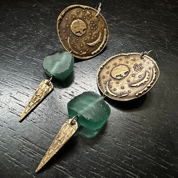 Nebra Disc Earrings with Roman Glass and Textured Spears