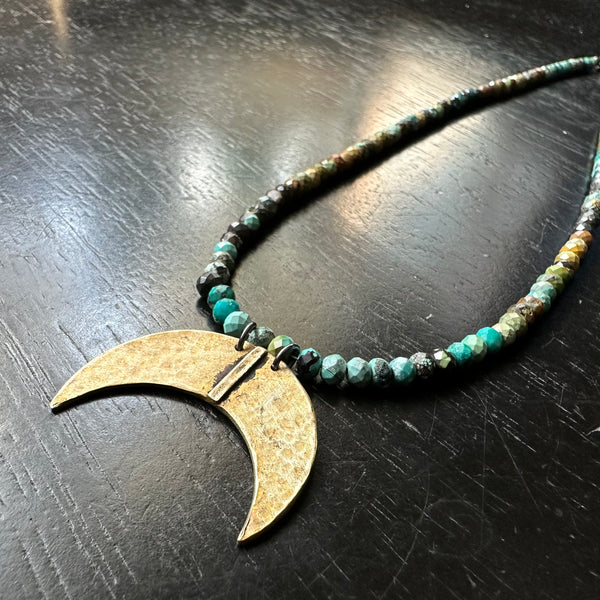 Moon Blade Pendant in Brass on Dragon Skin Turquoise Necklace