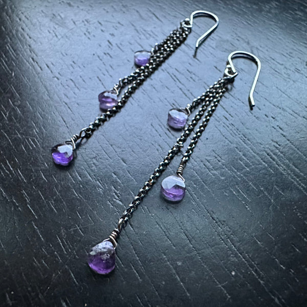 Faceted Amethyst Dew Drop Earrings (February Birthstone) Oxidized Silver chains!
