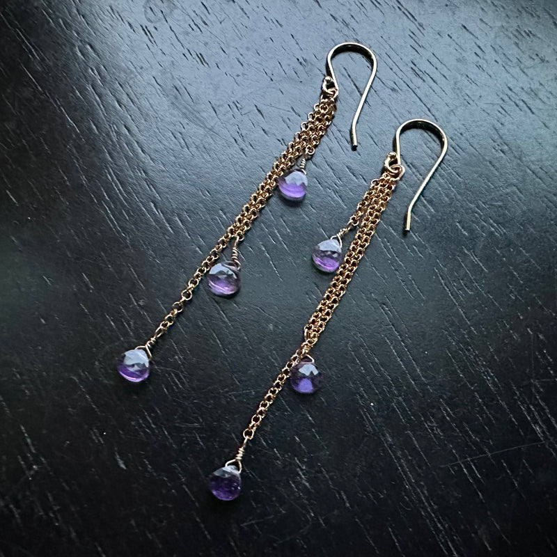 Faceted Amethyst Dew Drop Earrings (February BIRTHSTONE) 14K GOLD chains