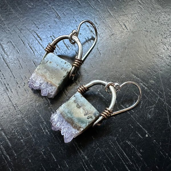 #1 Tiny Silver Taliswoman Earrings Bookmatched Natural Amethyst Stalactite Slices!