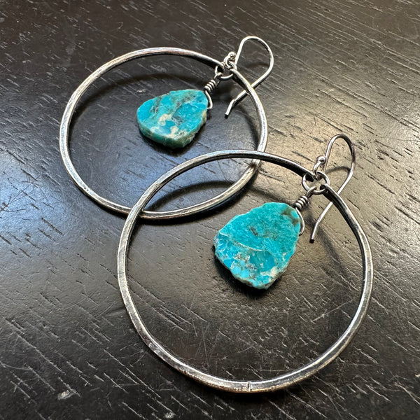 1 Pair left: Medium SILVER HOOPS with TURQUOISE SLICES (DECEMBER BIRTHSTONE) SUPER TEAL!