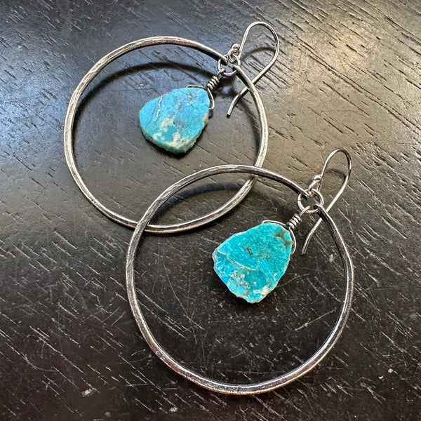 1 Pair left: Medium SILVER HOOPS with TURQUOISE SLICES (DECEMBER BIRTHSTONE) SUPER TEAL!
