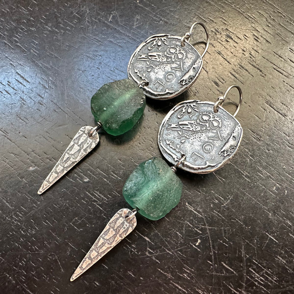 Athena Owls with Roman Glass and Spears