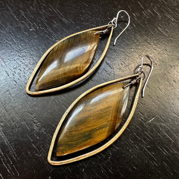 Limited Batch! #10 Natural Tiger's Eye Bookmatched "Wings", Medium Brass Hoops OOAK#10