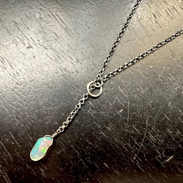 Lariat Necklace: #1 RAW Smooth OPAL (OCTOBER), Adjustable Sterling Silver chain OOAK #1