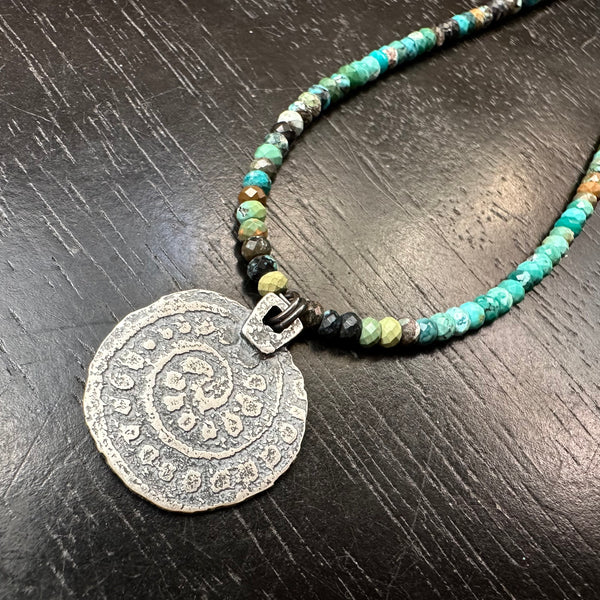 ORIJEN'S: SILVER SPIRAL + WEAVE REVERSIBLE CIRCLE Medallion on Dragonskin TURQUOISE Necklace