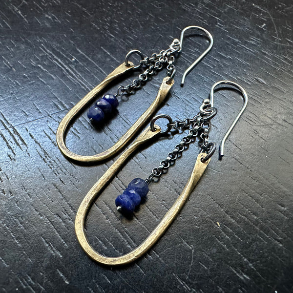 TINY HESTIA EARRINGS: BRASS with Faceted SAPPHIRES (SEPTEMBER BIRTHSTONE)