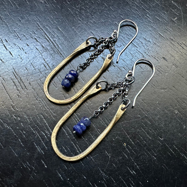 TINY HESTIA EARRINGS: BRASS with Faceted SAPPHIRES (SEPTEMBER BIRTHSTONE)
