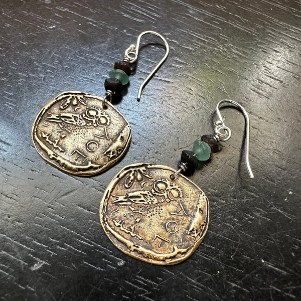 Ancient Athena's Owl Coin Brass Earrings with Roman Glass Beads