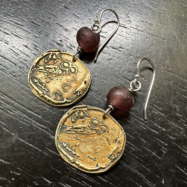 NEW! Ancient Athena's Owl BRASS Coins with PLUM GLASS BEADS EARRINGS