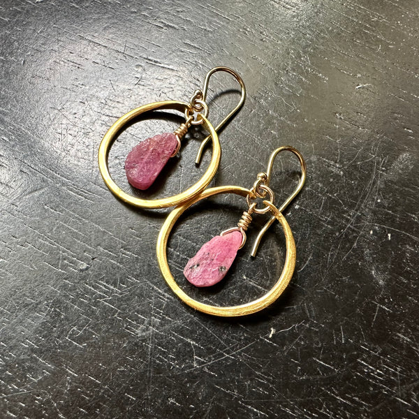 Tiny GOLD Hoops with Raw Ruby (JULY BIRTHSTONE) GOLD VERMEIL