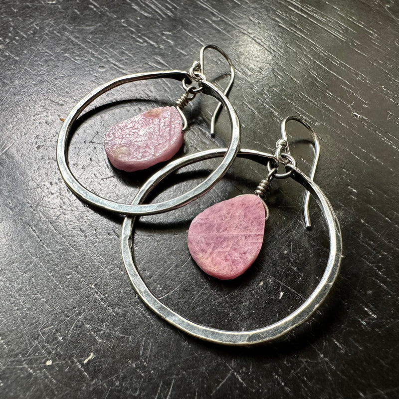 Small Silver Hoops with Raw Ruby (JULY BIRTHSTONE)