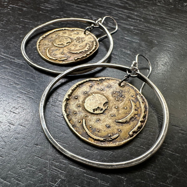 Nebra Sky Brass Disc Earrings in Medium Sterling Silver Hoops