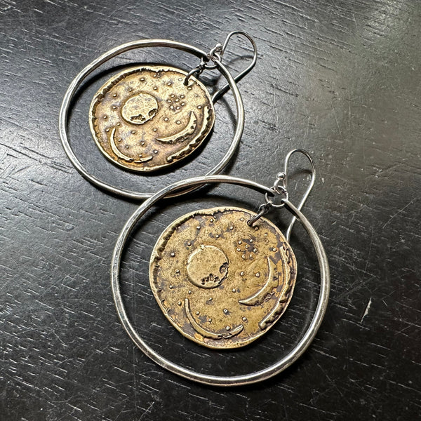 Nebra Sky Brass Disc Earrings in Medium Sterling Silver Hoops