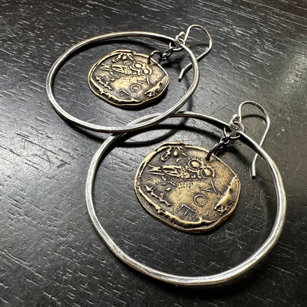 Ancient Athena's Owl Coin Earrings in Medium Silver Hoops