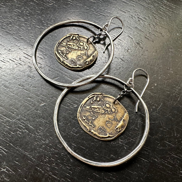 Ancient Athena's Owl Coin Earrings in Medium Silver Hoops