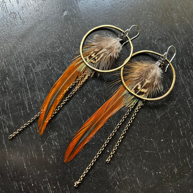 FEATHER EARRINGS- Medium Brass Hoops, Fluffy Tan Base, Fluffy Tan/Cream accent feathers and chains