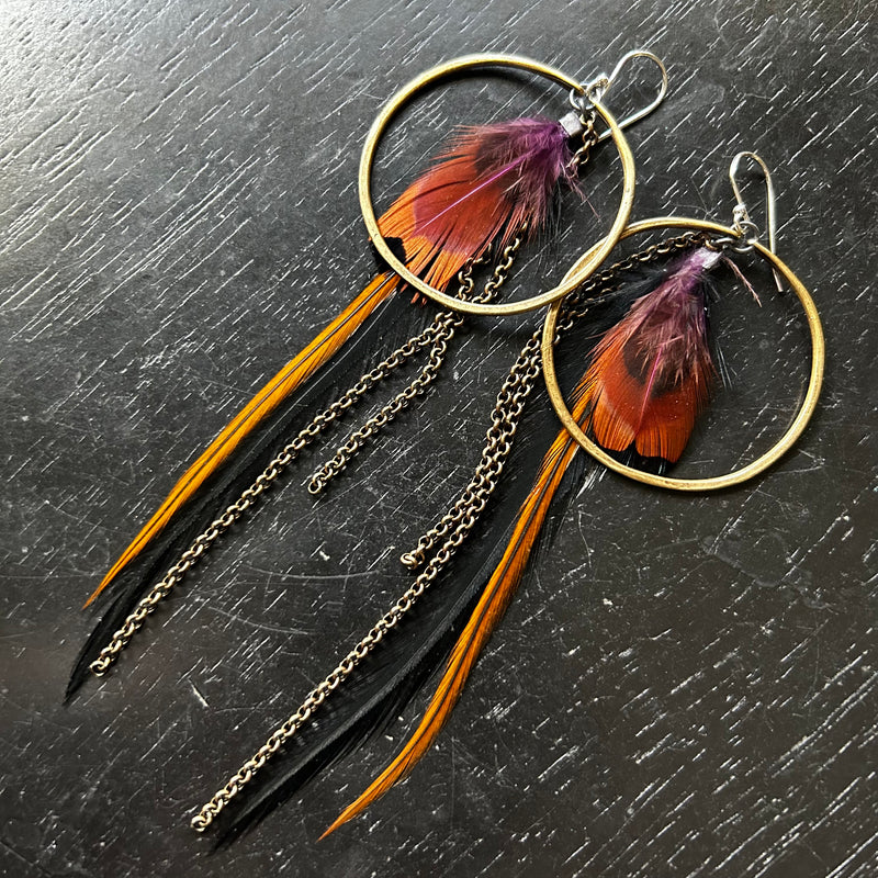 FEATHER EARRINGS- Medium Brass Hoops, Thin Black Base, Rusty Red accent feathers and chains