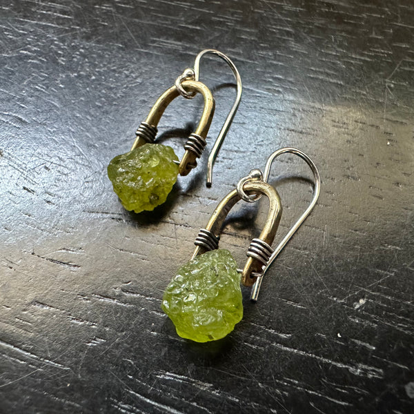 Tiny Brass Taliswoman Earrings with Raw Peridots (AUGUST BIRTHSTONE)