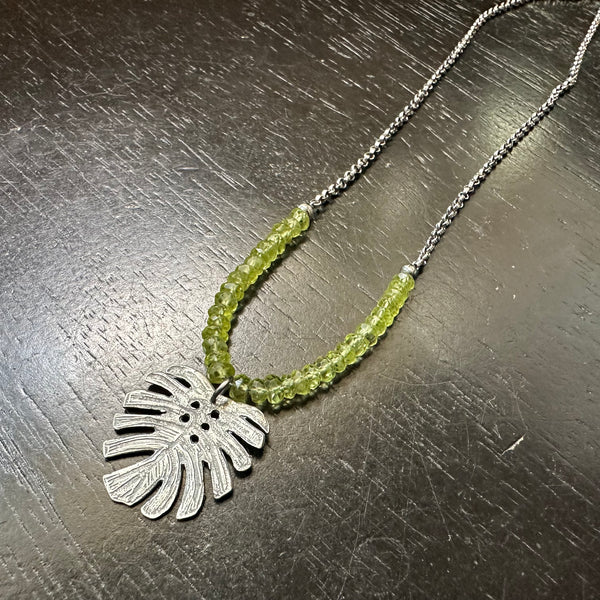 Sterling Monstera Leaf with Peridots August Birthstone Necklace
