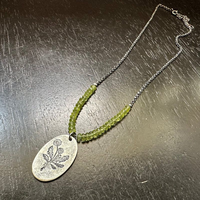 Sterling Silver Dandelion with Peridots August Birthstone Silver Necklace