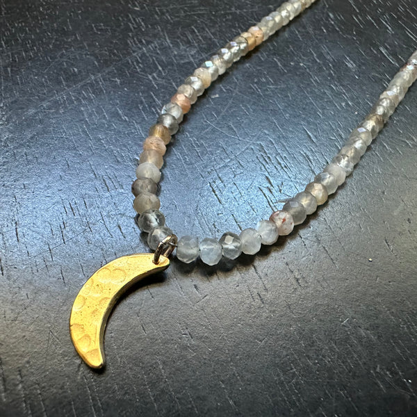 Gold Tiny Crescent Moon on Faceted Peach Moonstone Strand