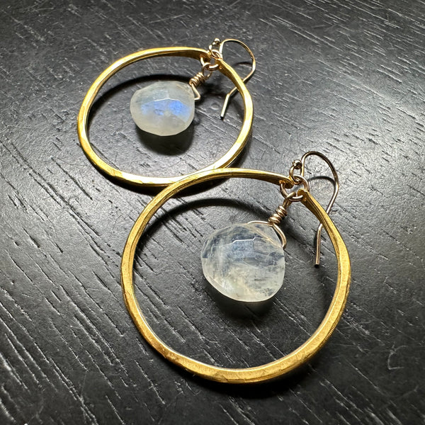 LIMITED BATCH! Rainbow Moonstone Drops Earrings in SMALL 24K Gold Hoops