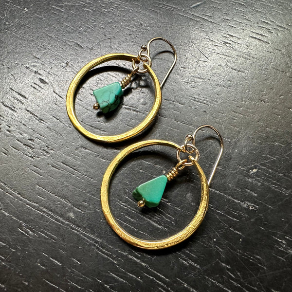 Raw Turquoise in Tiny 24K Gold Hoops