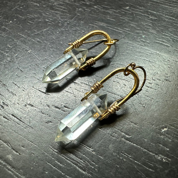Double-Pointed, Faceted Taliswoman CLEAR Quartz Earrings, 24K GOLD