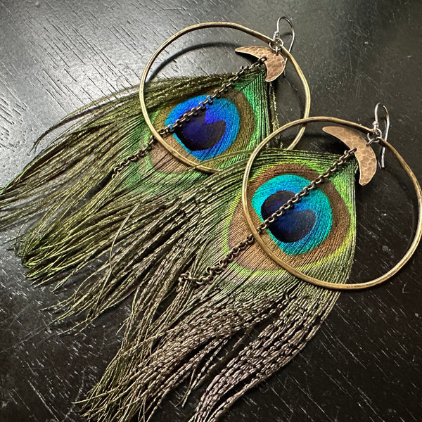 Hera Goddess Feather Earrings with Large Brass Hoops