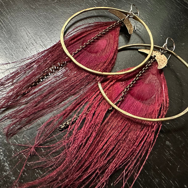 HERA GODDESS Feather Earrings: Large Brass Hoops/Moons, RED Peacock Feathers