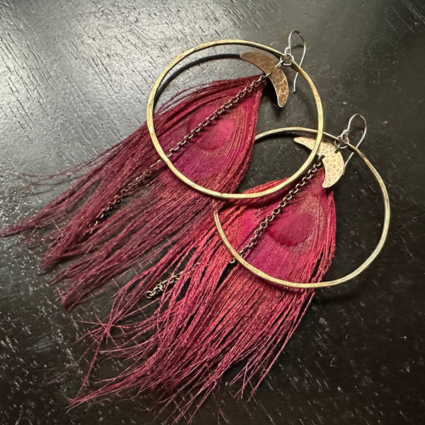 HERA GODDESS Feather Earrings: Large Brass Hoops/Moons, RED Peacock Feathers