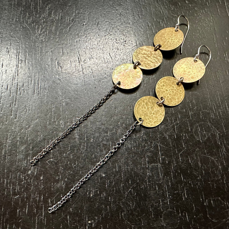 LAST PAIR! Triple Tiny Brass Discs with Chain