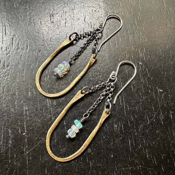 TINY HESTIA EARRINGS: BRASS with TINY Faceted OPALS (OCTOBER BIRTHSTONE)