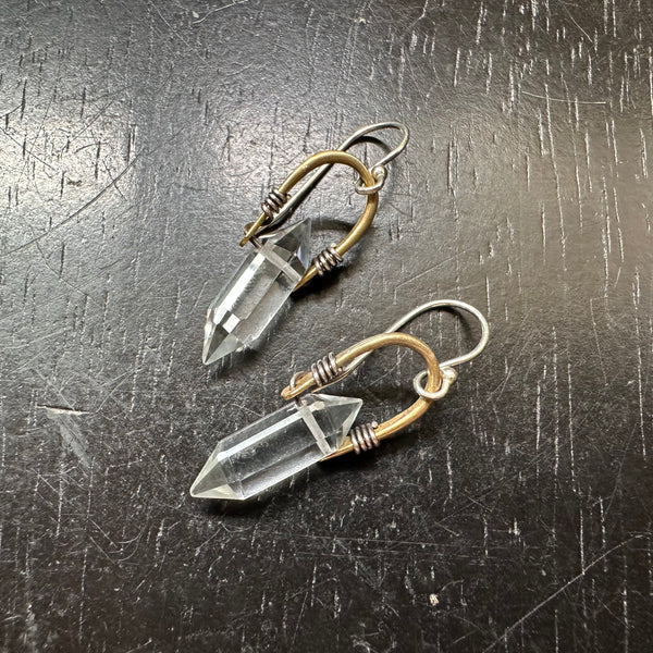 Double-Pointed, Faceted Taliswoman CLEAR Quartz Earrings, Small Brass Bails