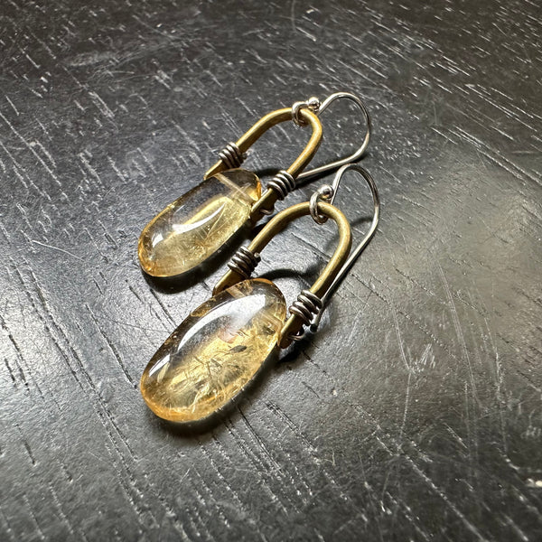 #1 Tiny Brass Taliswoman Earrings with LONG OVAL CITRINES (NOVEMBER BIRTHSTONE) #1